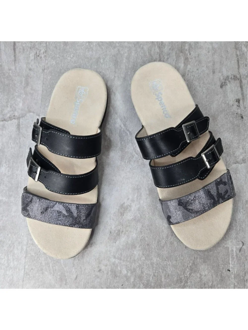 Spenco Orthopedic Slides Sz 10 Black Leather Slip On Comfort Summer Flat Sandals